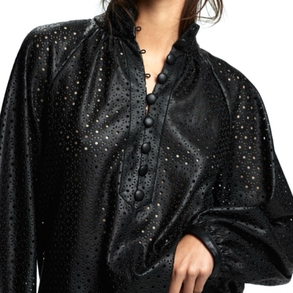 Zara Laser Cut Faux Leather Blouse Long Sleeve Black- XS